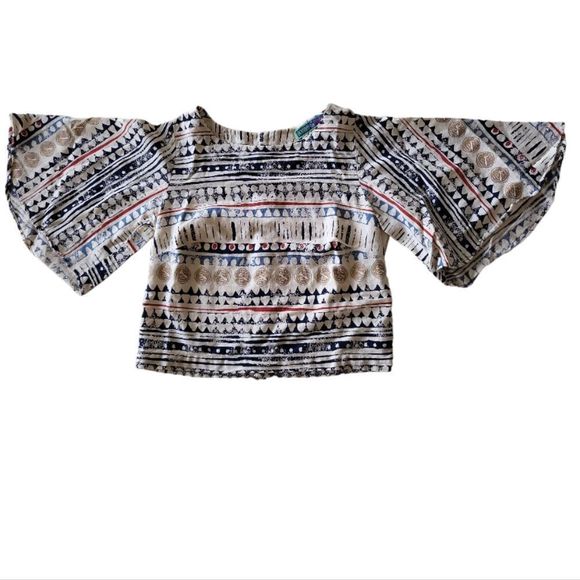 BOMBAY PAISLEY Beige Button Back Crop Top Geometric Bell-Sleeve Size XS - Picture 1 of 5